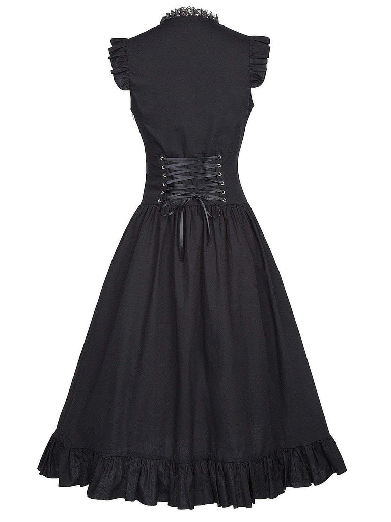 1930s Solid Ruffles Square Neck Steampunk Dress