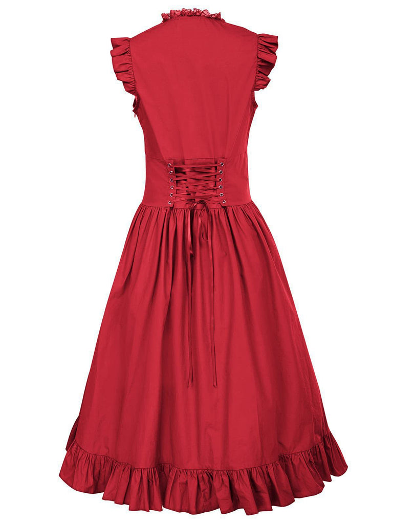 1930s Solid Ruffles Square Neck Steampunk Dress