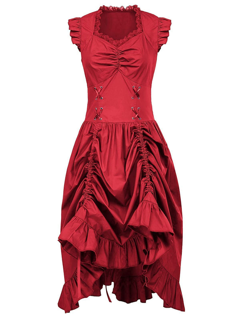 1930s Solid Ruffles Square Neck Steampunk Dress