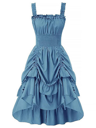 1930s Solid Square Neck Drawstring Layered Dress