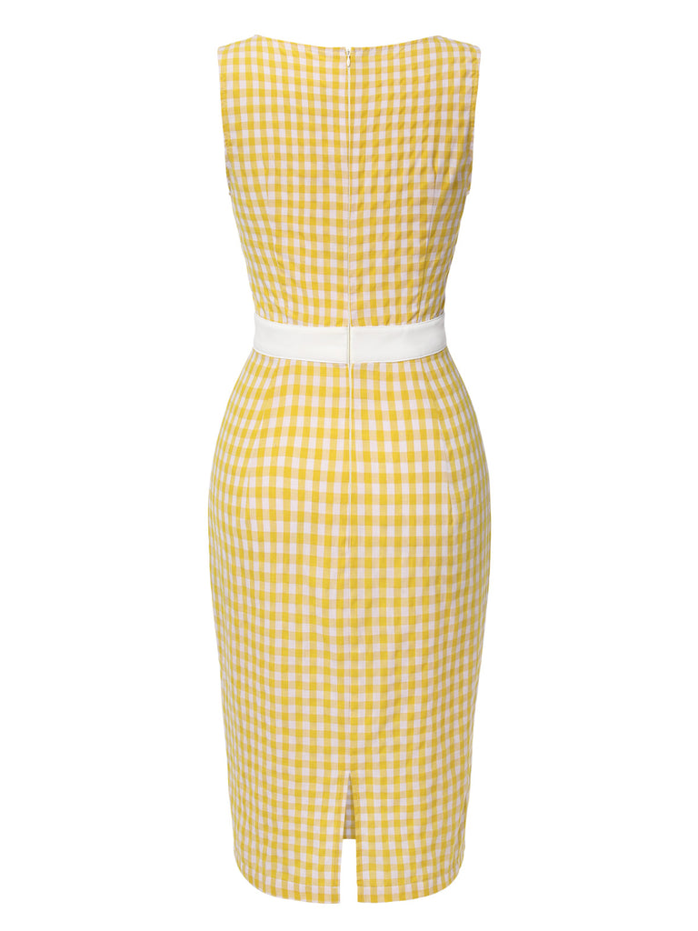 Yellow 1960s Round Neck Gingham Bow Sleeveless Dress
