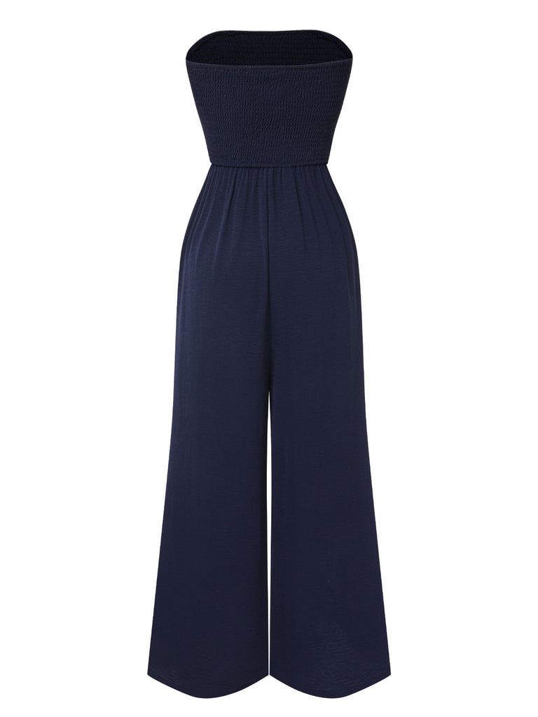 Dark Blue 1960s Solid Bow Strapless Jumpsuit
