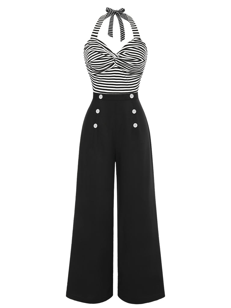 Black 1960s Stripe Knit Patchwork Halter Jumpsuit