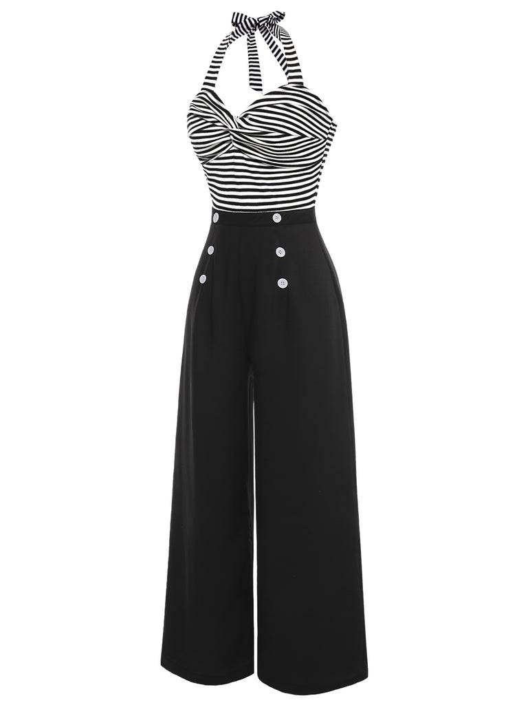 Black 1960s Stripe Knit Patchwork Halter Jumpsuit