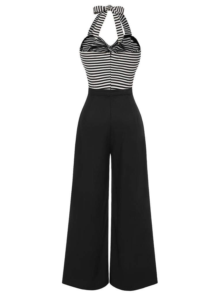 Black 1960s Stripe Knit Patchwork Halter Jumpsuit