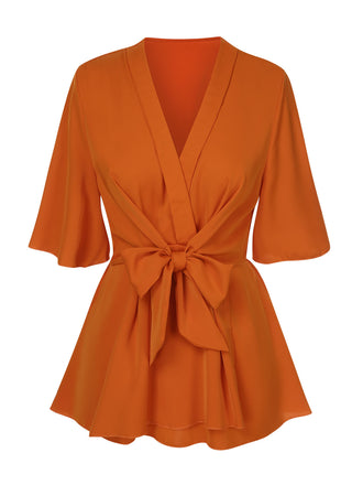 1930s Elegant Short-Sleeved Tie Waist Blouse