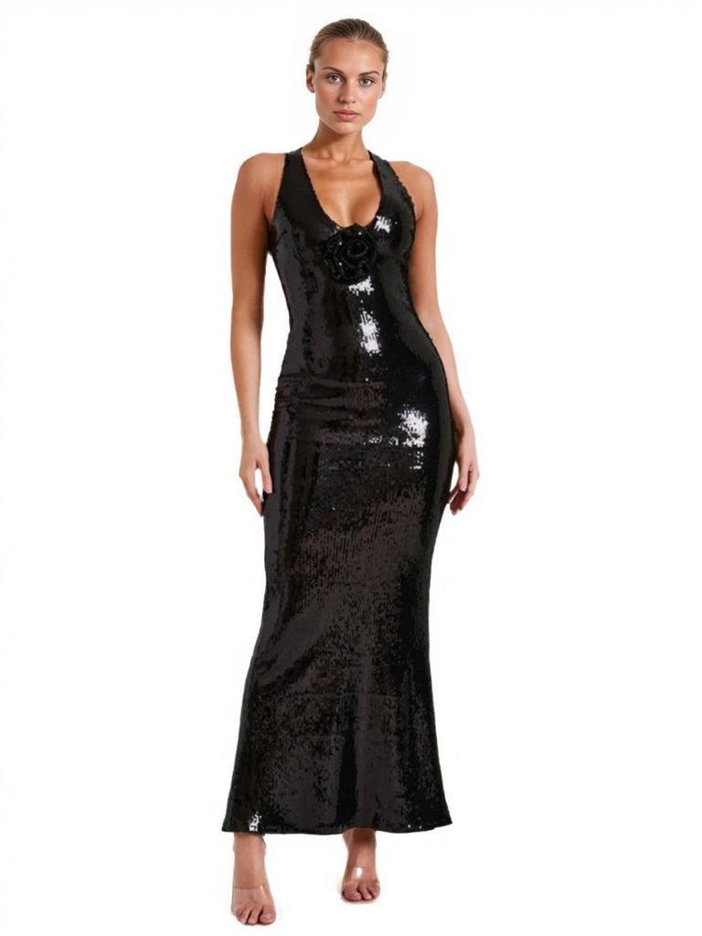 1930s Sequined V-Neck 3D Flower Dress