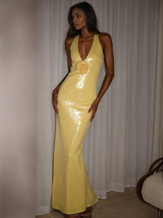 1930s Sequined V-Neck 3D Flower Dress