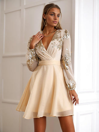 Champagne 1980s Gilded Long Sleeves Patchwork Dress