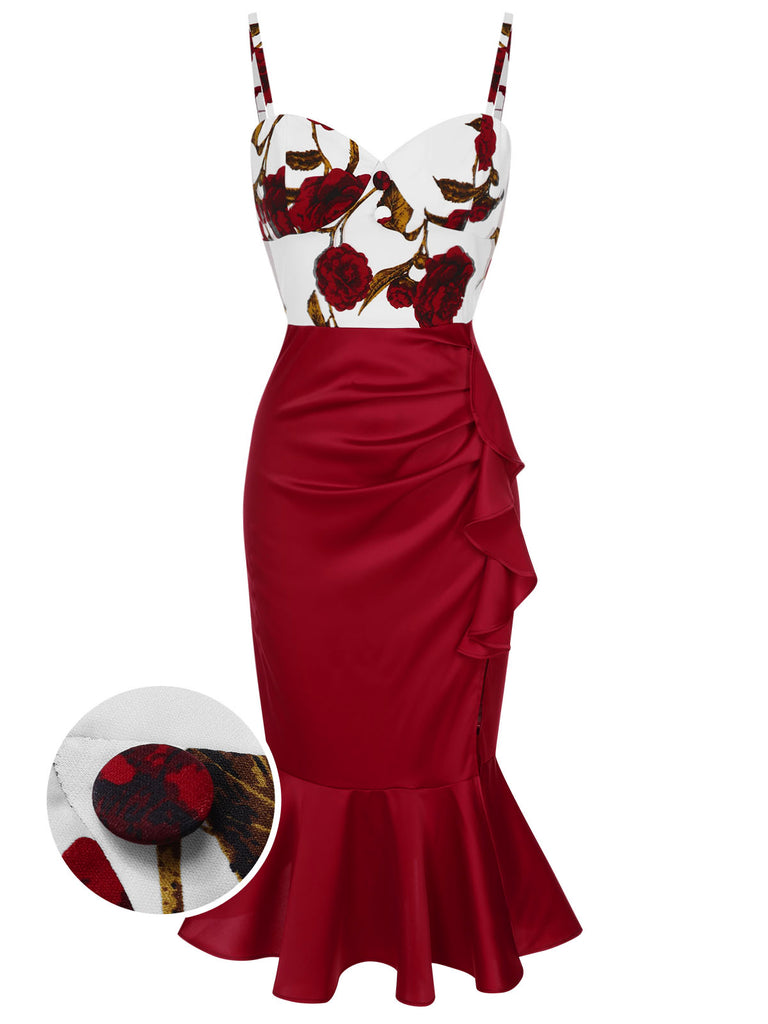Red 1930s Spaghetti Strap Rose Mermaid Dress