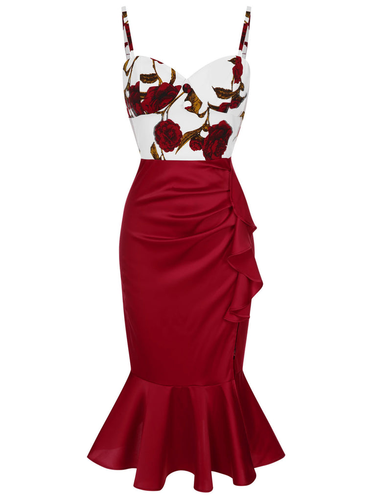 Red 1930s Spaghetti Strap Rose Mermaid Dress