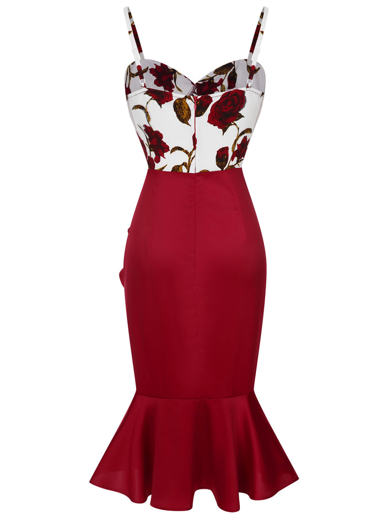 Red 1930s Spaghetti Strap Rose Mermaid Dress