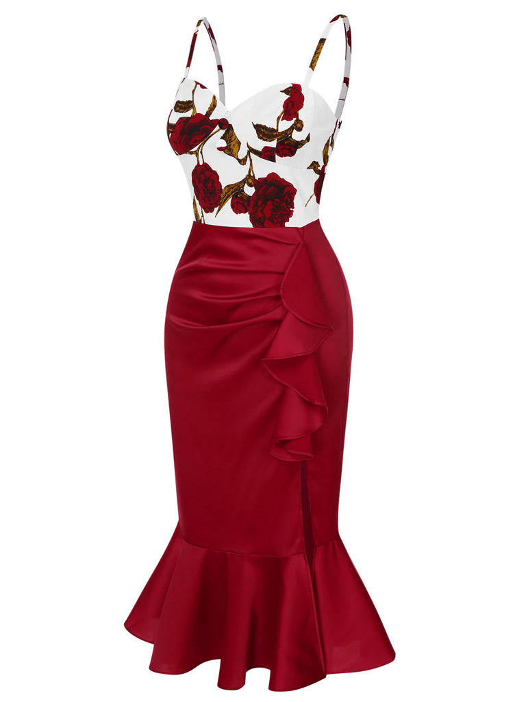 Red 1930s Spaghetti Strap Rose Mermaid Dress