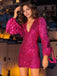 Rose Red 1980s Deep V-Neck Sequined Dress
