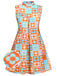 [Plus Size] Orange & Blue 1960s Floral Stand Collar Dress