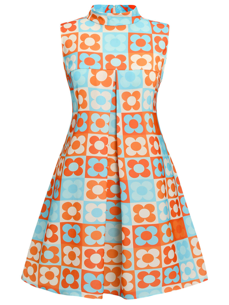 [Plus Size] Orange & Blue 1960s Floral Stand Collar Dress