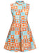 [Plus Size] Orange & Blue 1960s Floral Stand Collar Dress