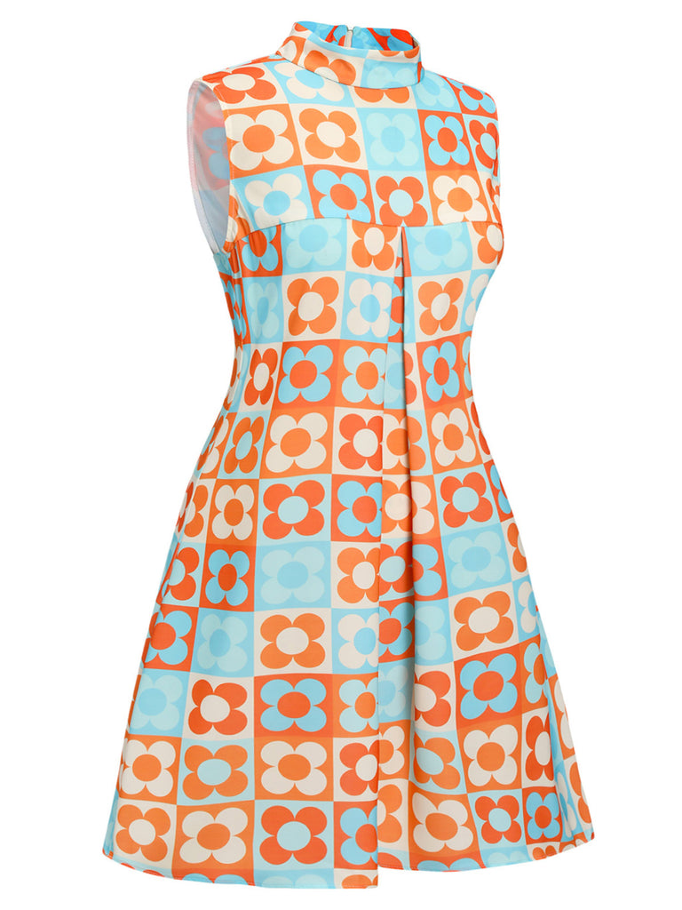 [Plus Size] Orange & Blue 1960s Floral Stand Collar Dress