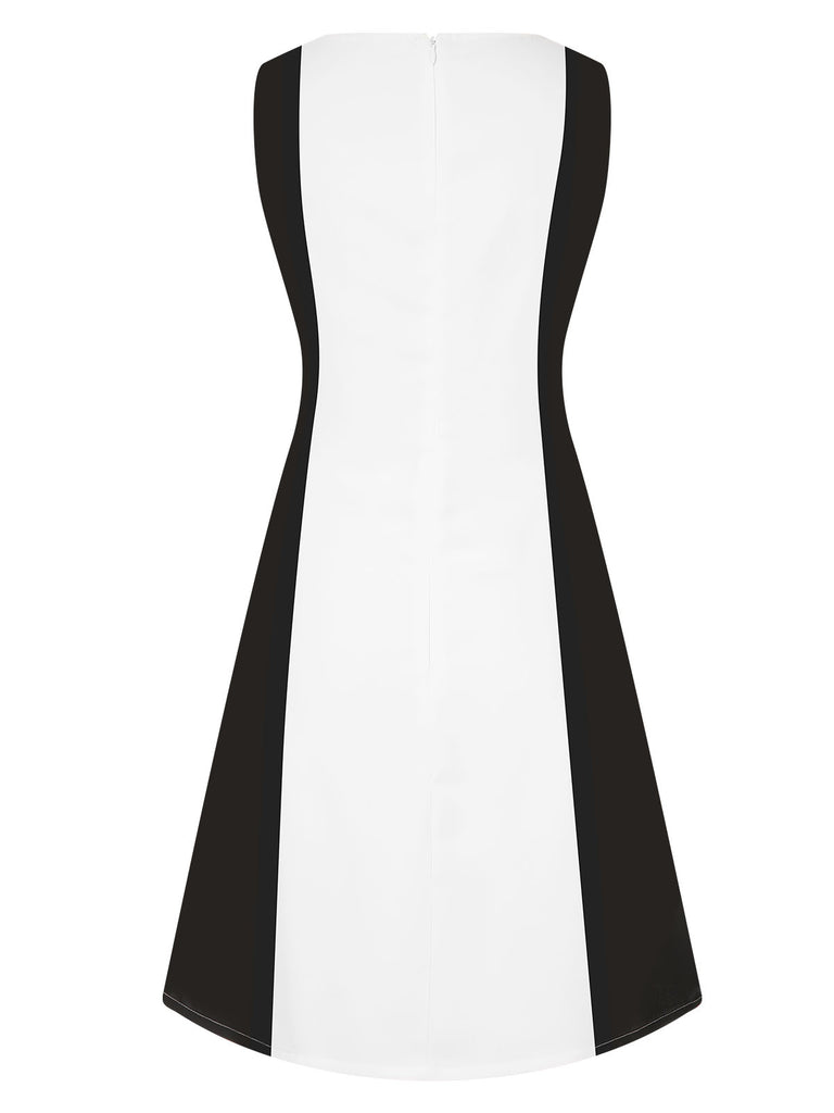 Black 1960s Patchwork Crew Neck Button Dress