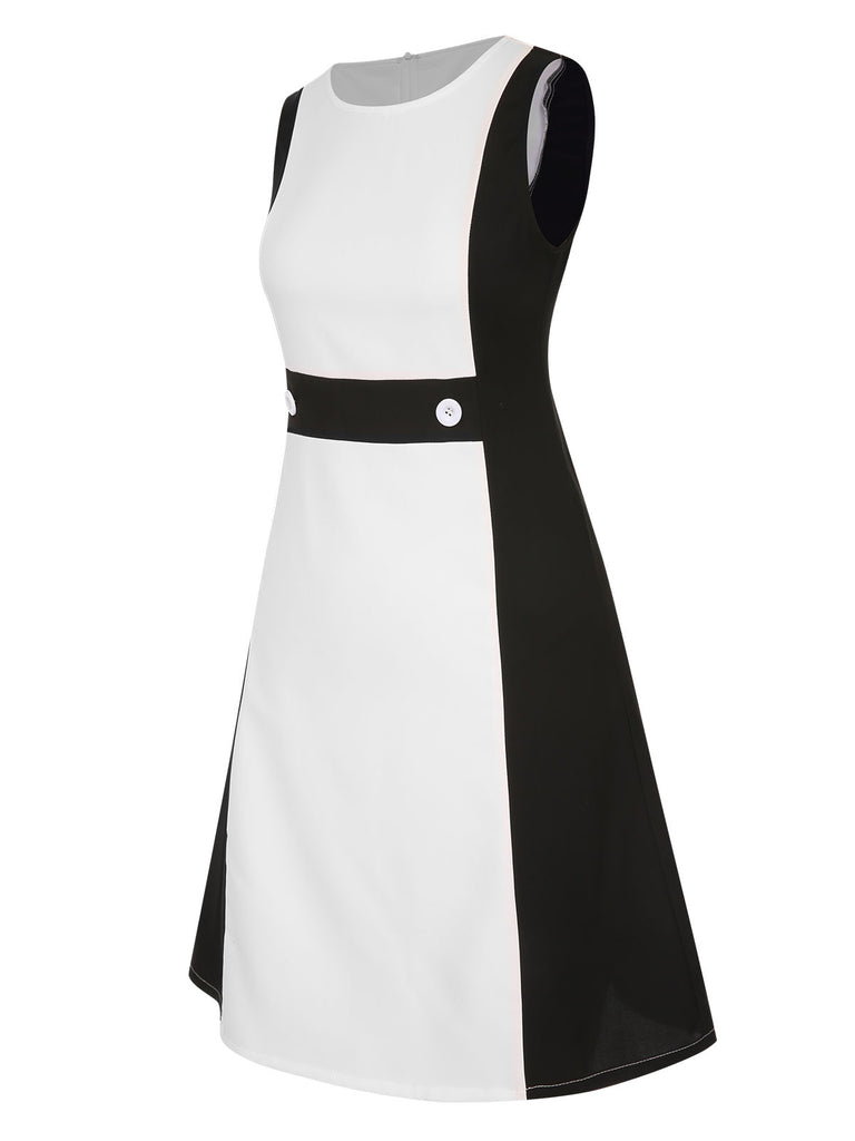 Black 1960s Patchwork Crew Neck Button Dress