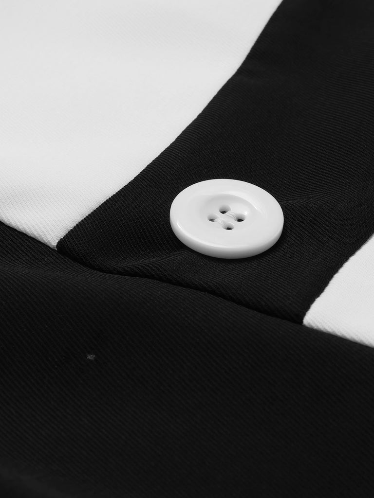 Black 1960s Patchwork Crew Neck Button Dress