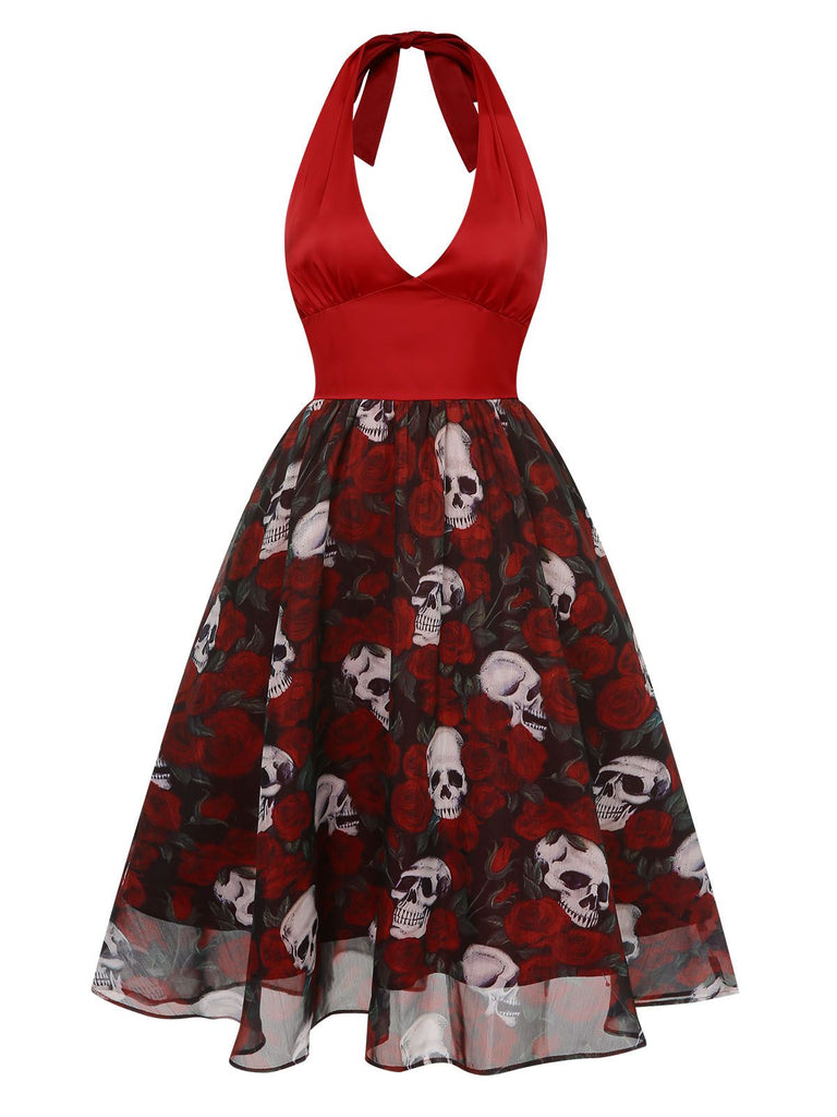 Wine Red 1950s Halter Haloween Roses Skeleton Mesh Dress