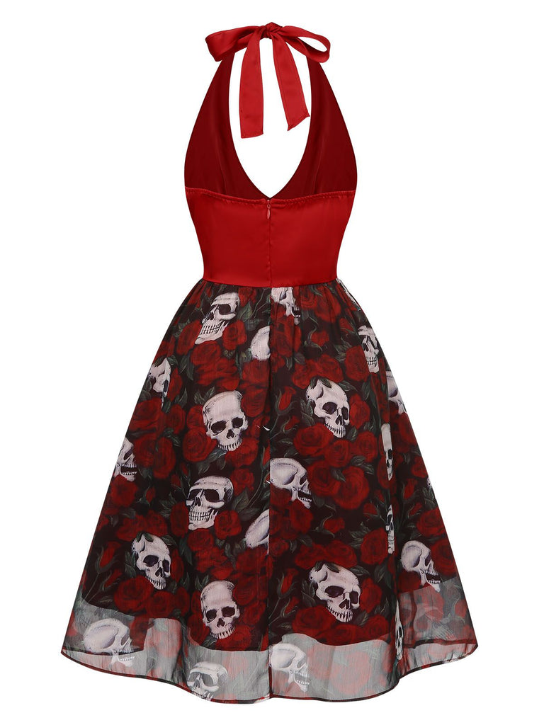 Wine Red 1950s Halter Haloween Roses Skeleton Mesh Dress