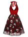Wine Red 1950s Halter Haloween Roses Skeleton Mesh Dress