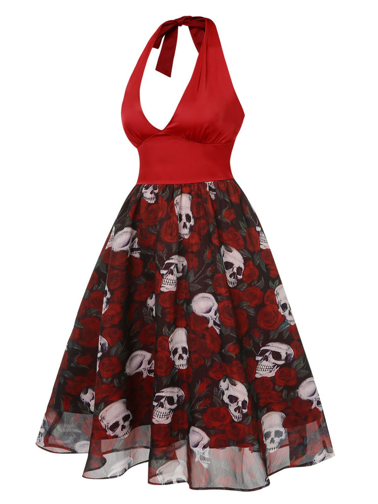 Wine Red 1950s Halter Haloween Roses Skeleton Mesh Dress