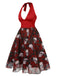 Wine Red 1950s Halter Haloween Roses Skeleton Mesh Dress