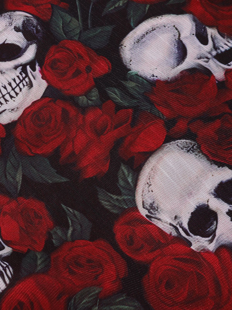 Wine Red 1950s Halter Haloween Roses Skeleton Mesh Dress