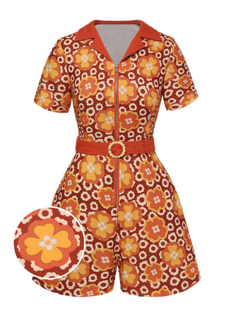 Orange 1960s Cartoon Floral Lapel Romper