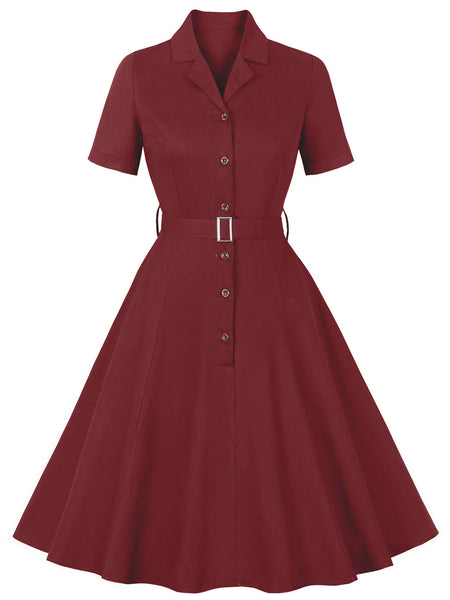 Wine Red 1950s Solid Lapel Belted Dress