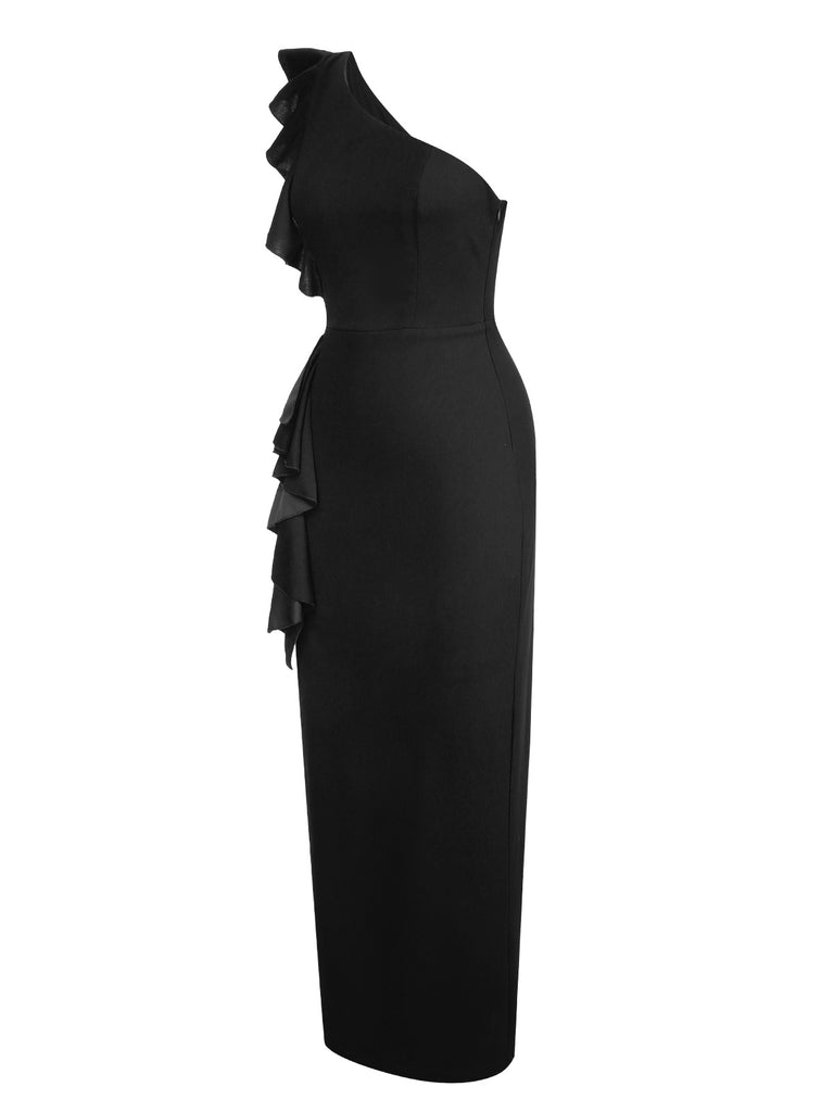 1930s Solid Ruffle One-Shoulder Slit Dress | Retro Stage