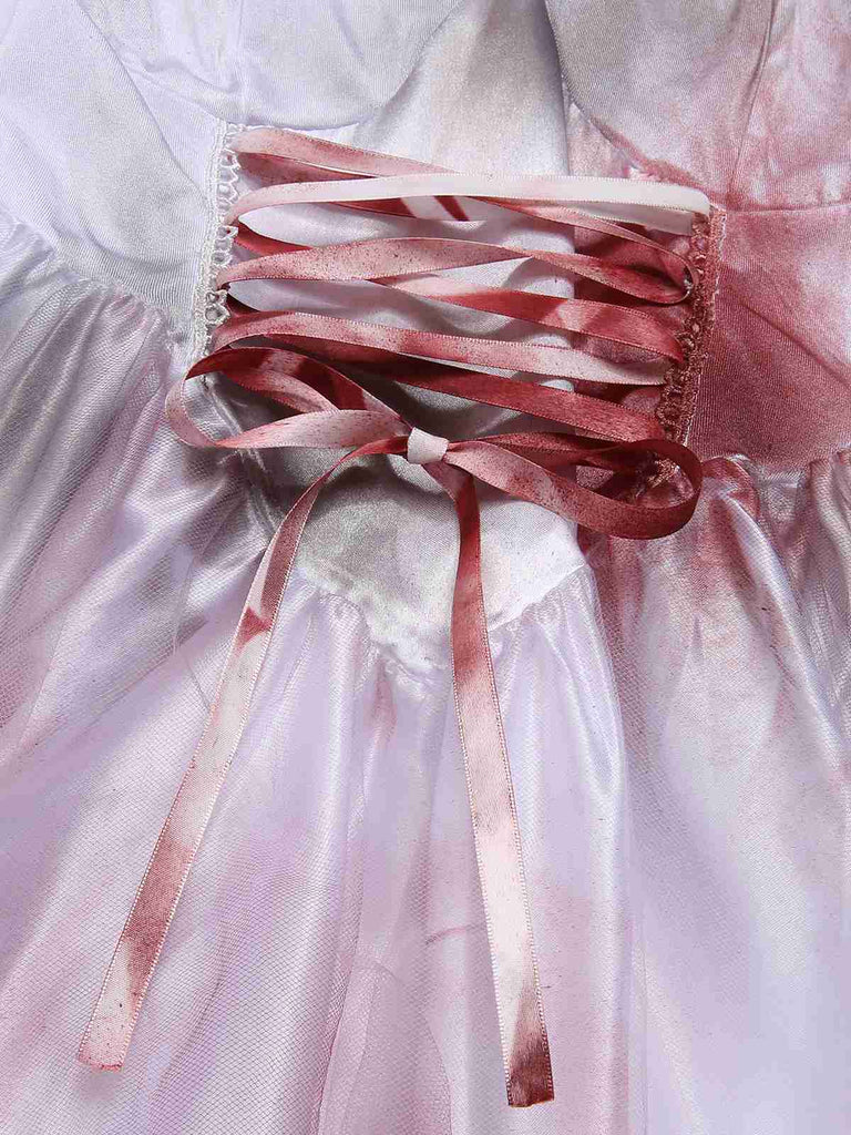 White 1940s Halloween Bloodstains Lace-Up Dress