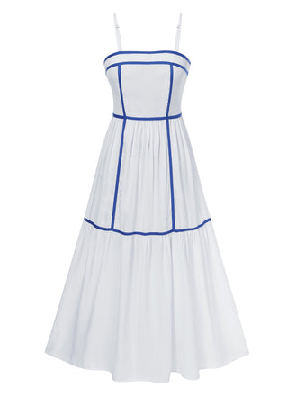 White 1930s Spaghetti Straps Blue Lines Dress