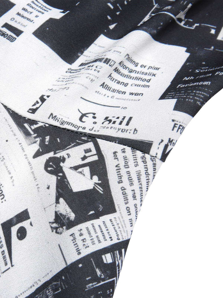 Gray 1970s Spaghetti Straps Cowl Neck Newspaper Dress