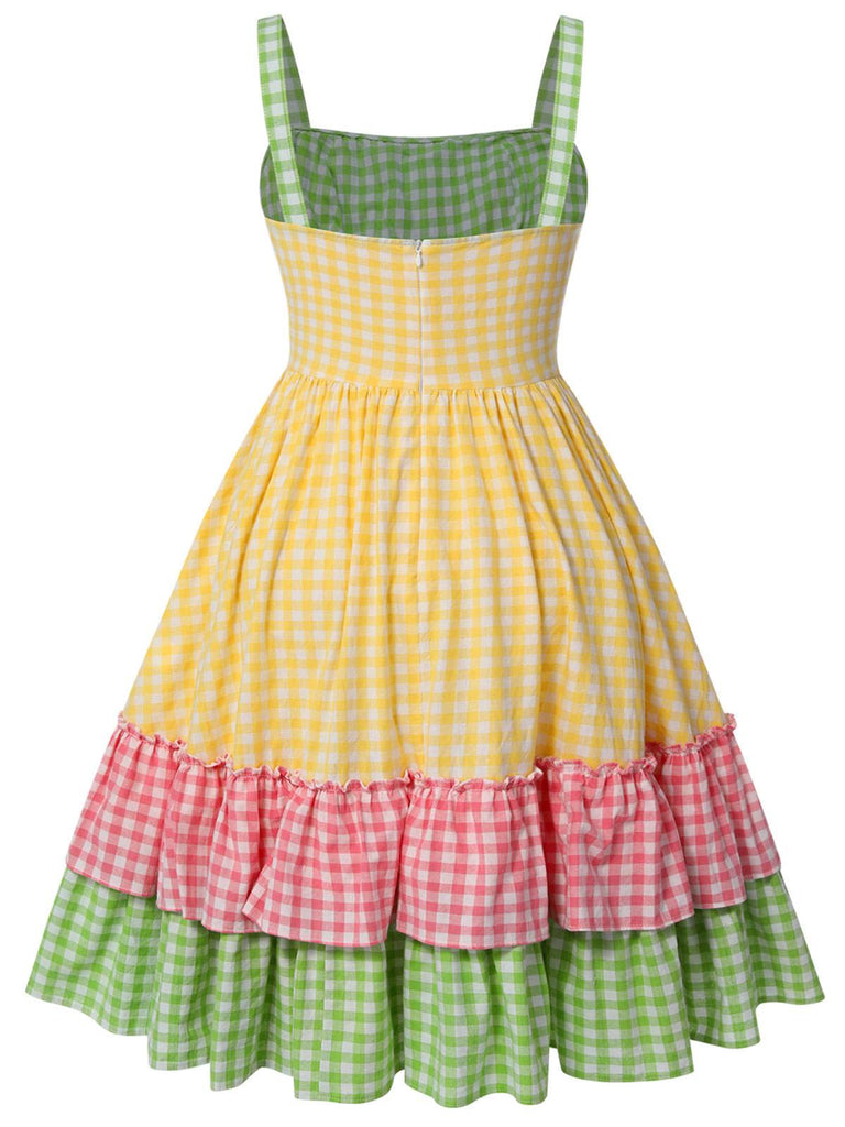 [Plus Size] Multicolor 1950s Spaghetti Straps Plaid Patchwork Dress