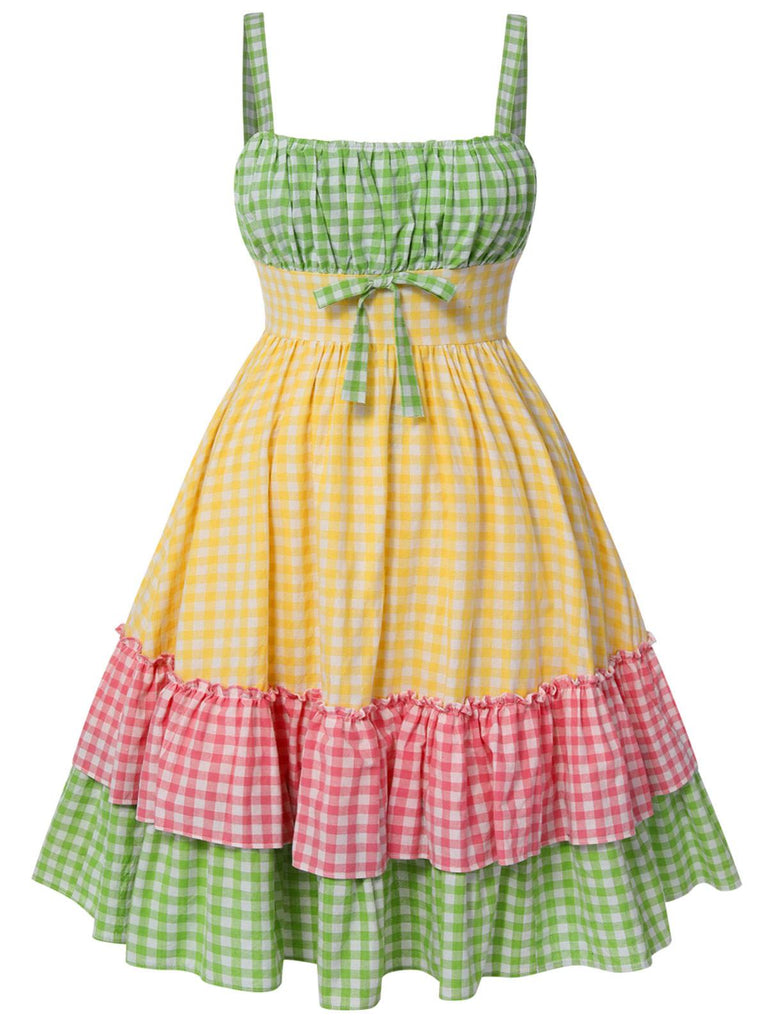 [Plus Size] Multicolor 1950s Spaghetti Straps Plaid Patchwork Dress