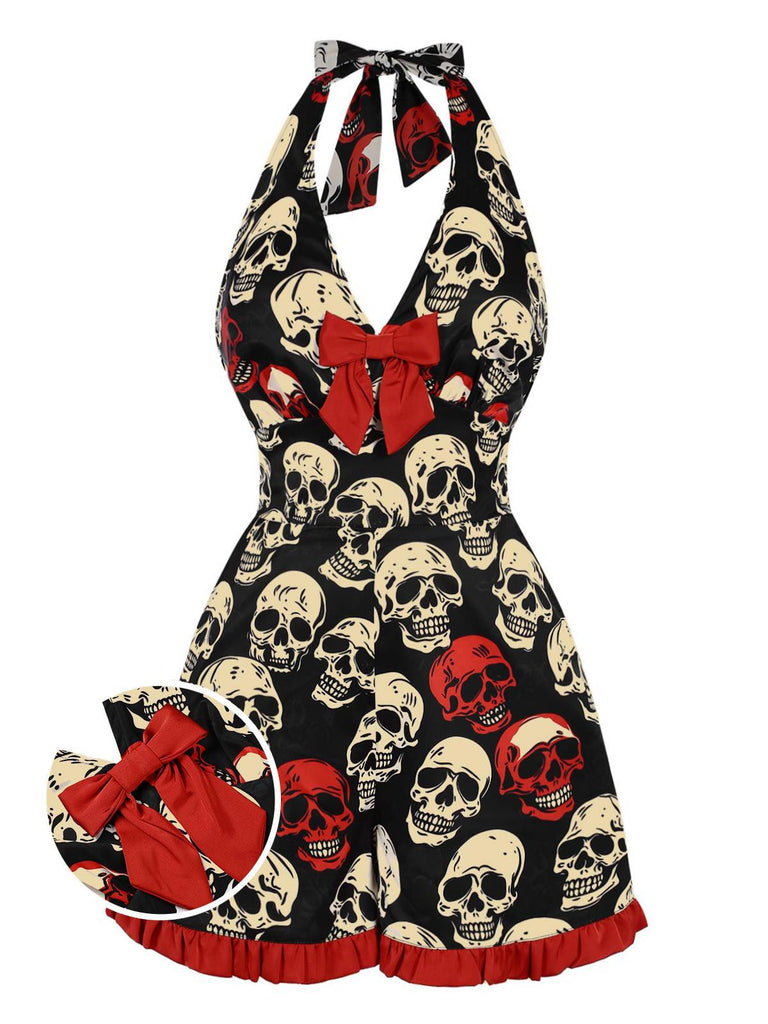[Pre-Sale] Black 1960s Halloween Skull Ruffled Hem Romper