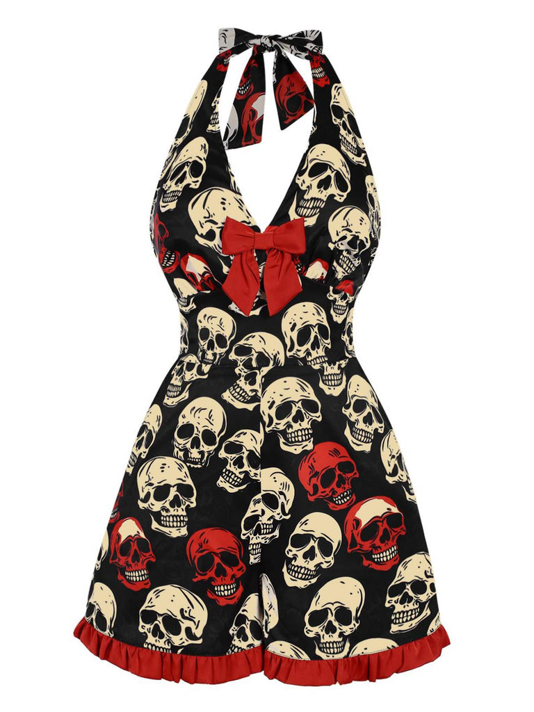 [Pre-Sale] Black 1960s Halloween Skull Ruffled Hem Romper