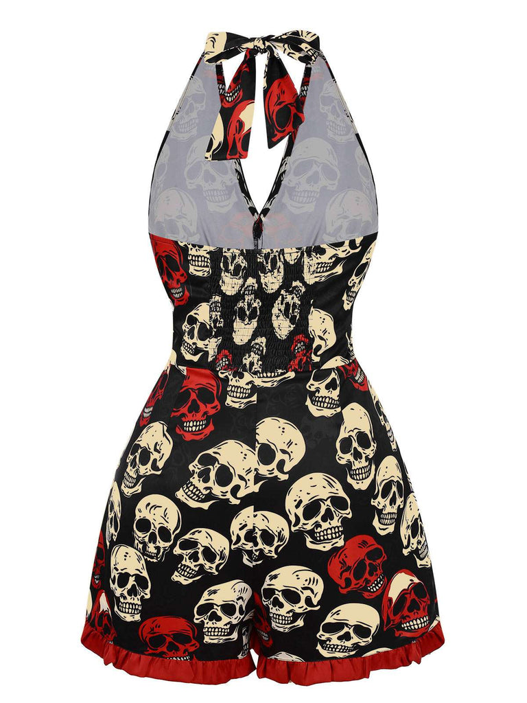[Pre-Sale] Black 1960s Halloween Skull Ruffled Hem Romper