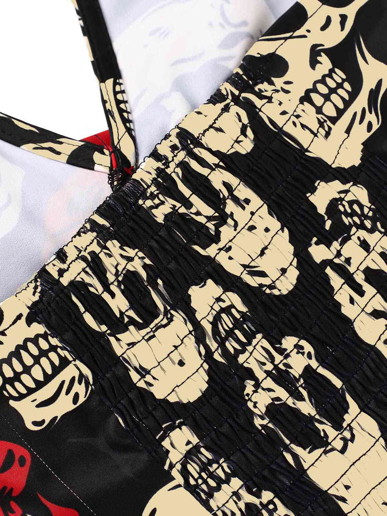 [Pre-Sale] Black 1960s Halloween Skull Ruffled Hem Romper