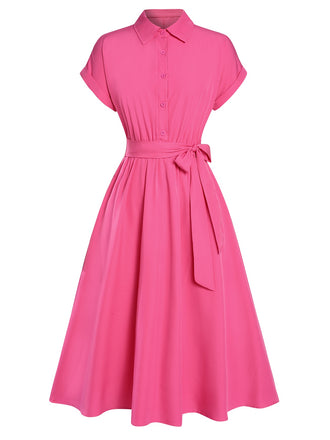 1940s Solid Cap Sleeves Buttoned Shirt Dress