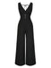 Black 1930s Solid V-Neck Butterfly Button Jumpsuit