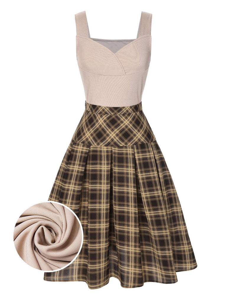 2PCS 1950s Beige Knitted Top Plaid Pleated Skirt Retro Stage