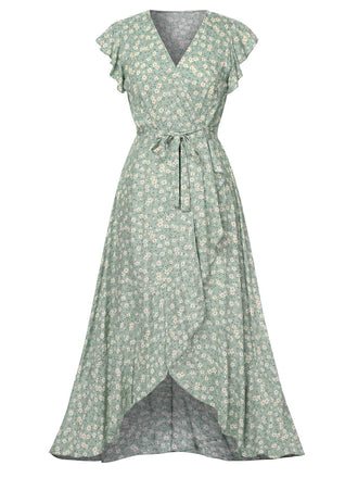 Green 1940s V-Neck Ditsy Floral Irregular Hem Dress