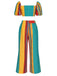 2PCS Multicolor 1970s Puff Sleeves Striped Top & Pants