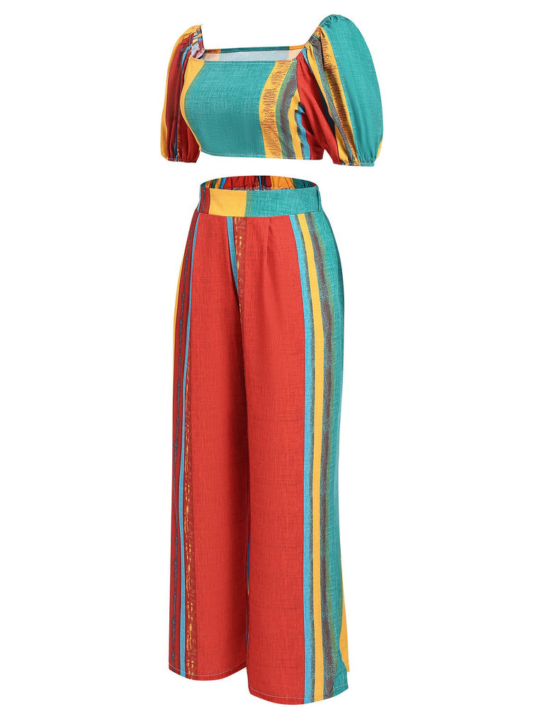 2PCS Multicolor 1970s Puff Sleeves Striped Top & Pants