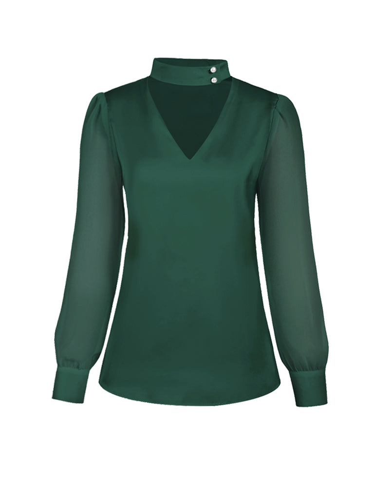 Green 1940s Round Neck Satin Puff Sleeve Blouse
